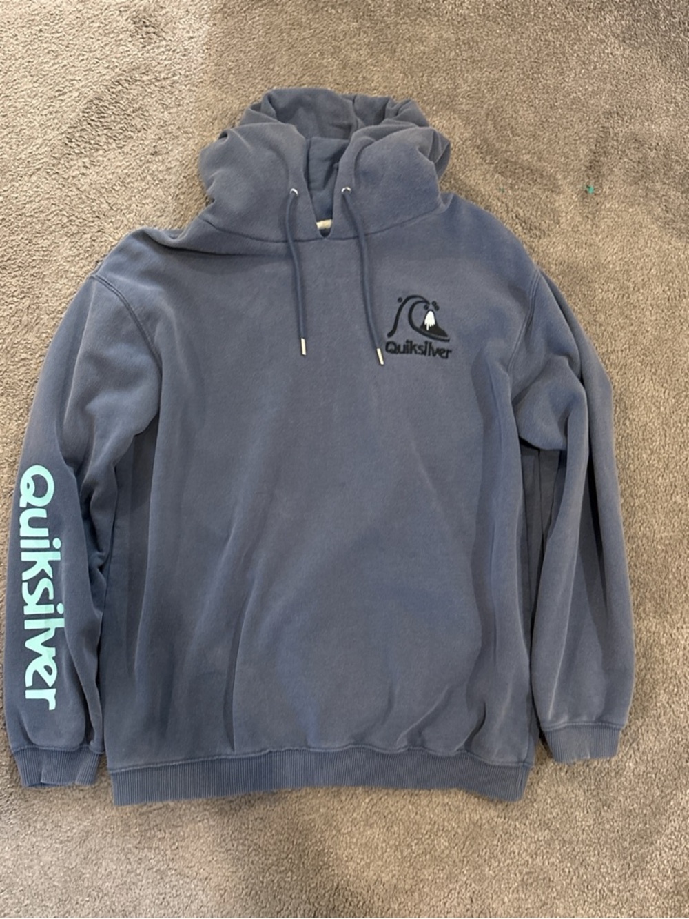 Quiksilver Slate Blue Fleece Pullover Hoodie with Script Sleeve Logo